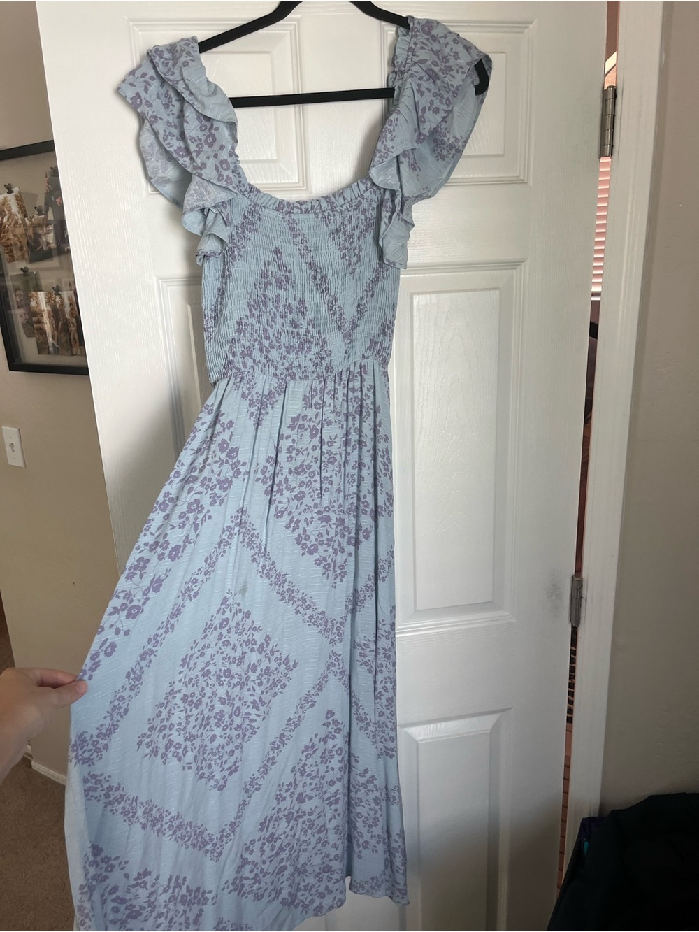 Light Blue Floral Maxi Dress with Lavender Print and Ruffle Straps